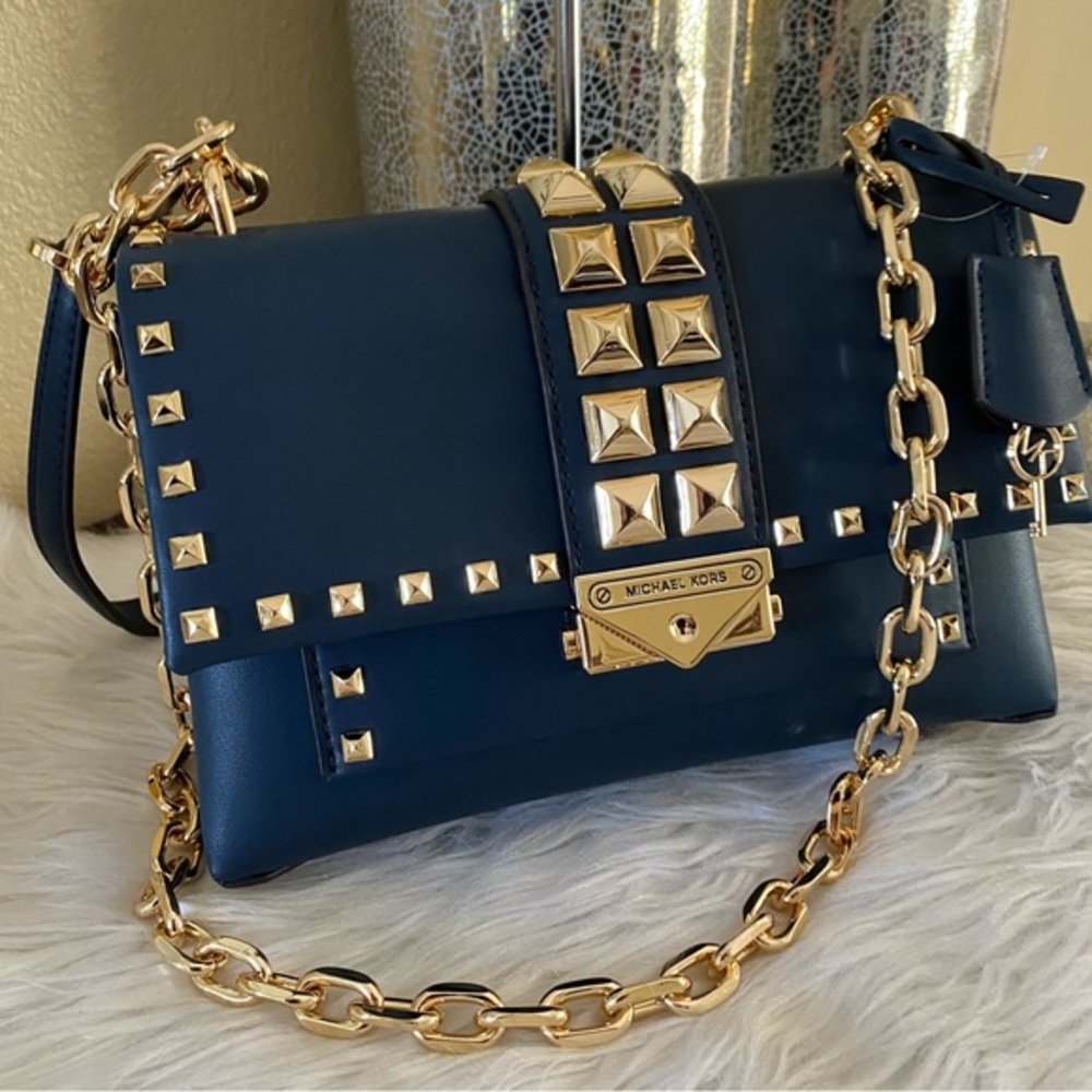 Michael Kors Navy Blue Leather Crossbody with Gold Studs & Chain